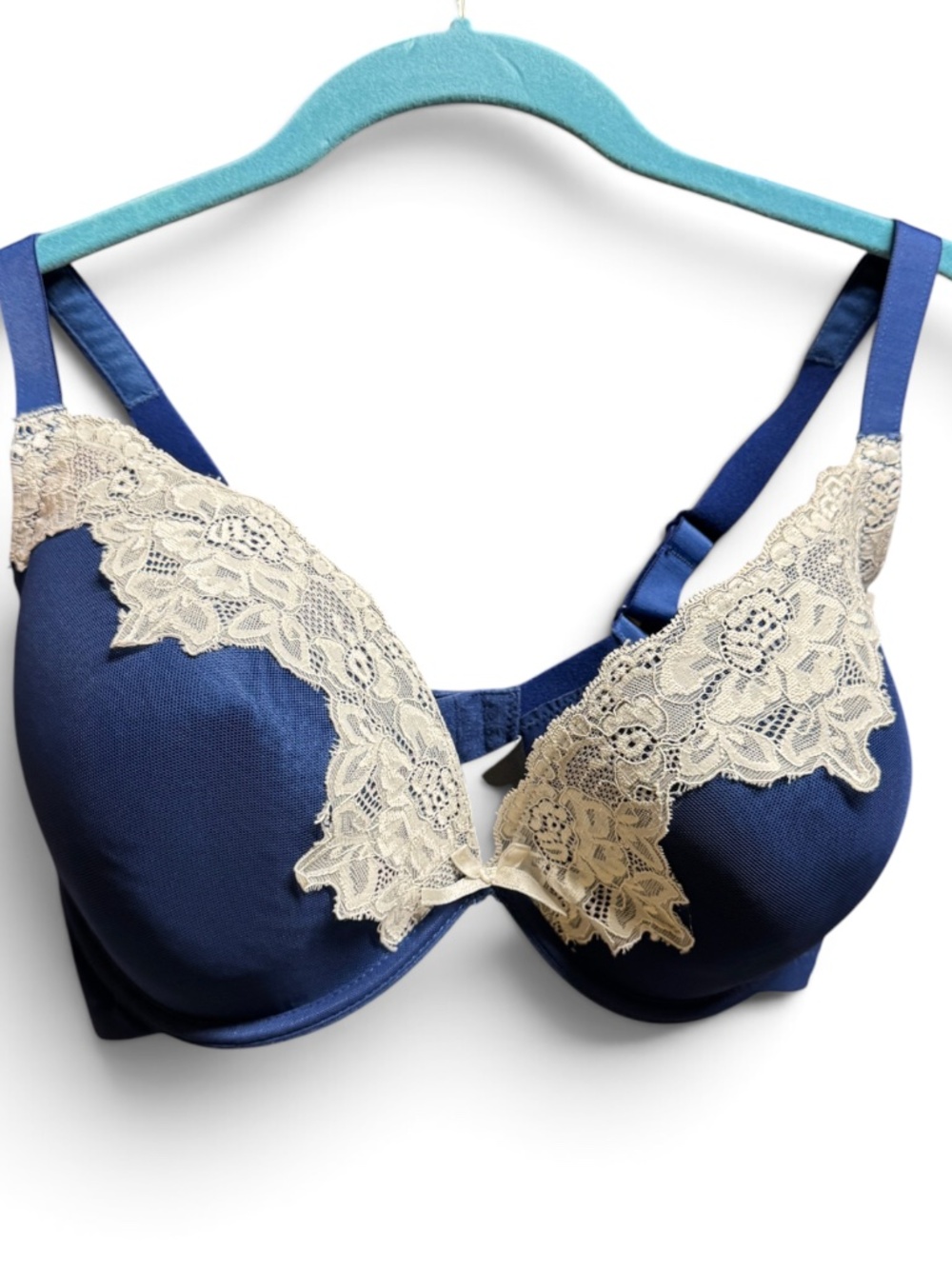 Honey B 36G Blue Lace Underwire Plunge Bra Padded Shoulder Straps